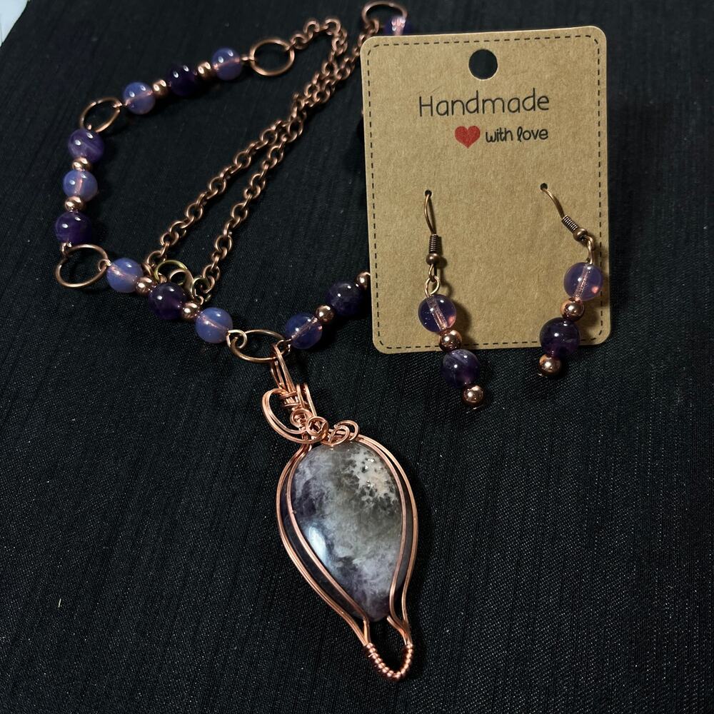 Amethyst Copper Wire Wrapped Pendant Necklace Ear… - image 2